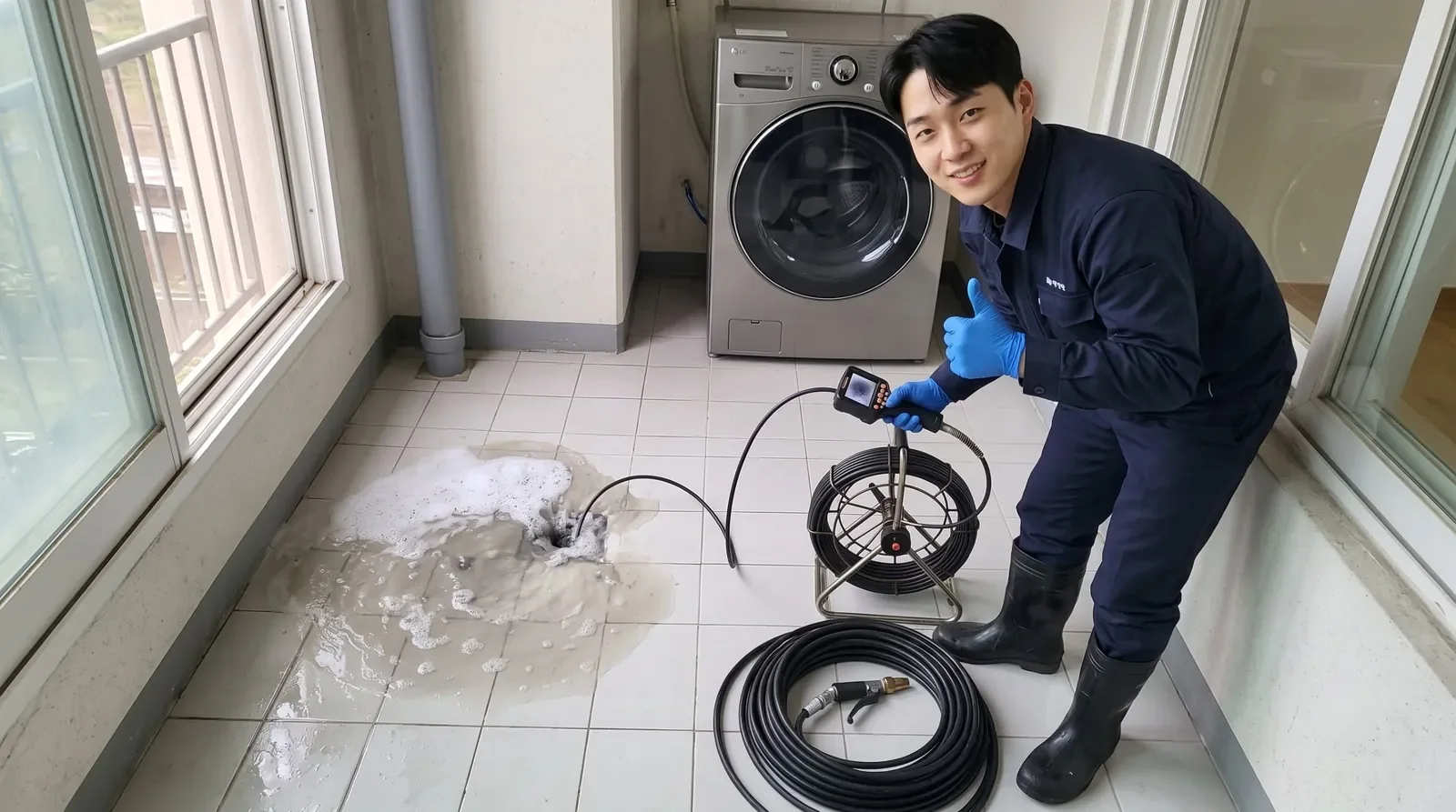 서울 동남권 세탁실 배수구 역류 현장에서 배관내시경을 든 기술자